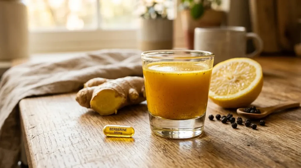 Shot matutino natural de berberina, jengibre y cúrcuma para estimular el GLP-1 en ayunas