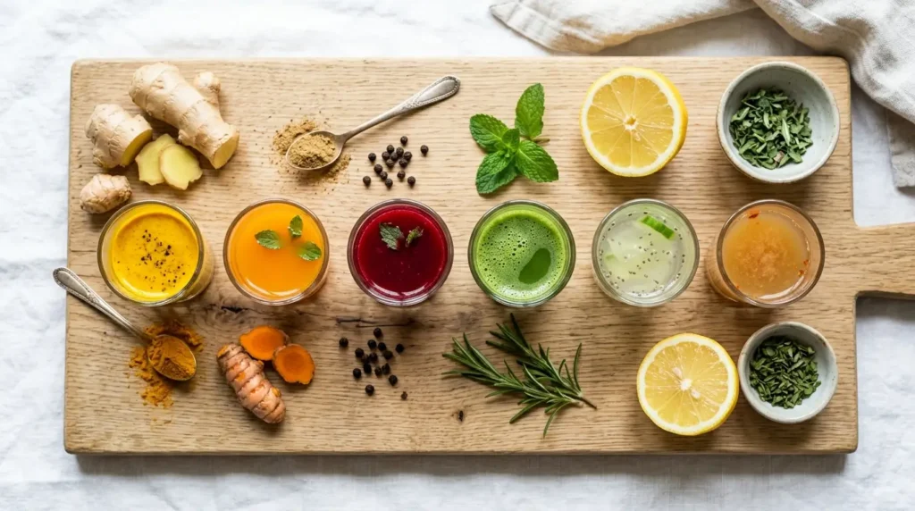 Shots saludables caseros de jengibre, cúrcuma y limón en vasos pequeños de vidrio