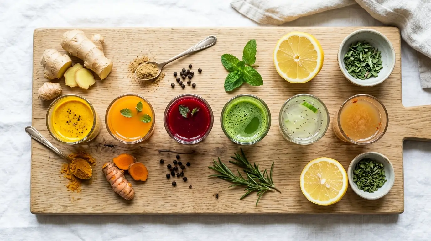 Shots saludables caseros de jengibre, cúrcuma y limón en vasos pequeños de vidrio