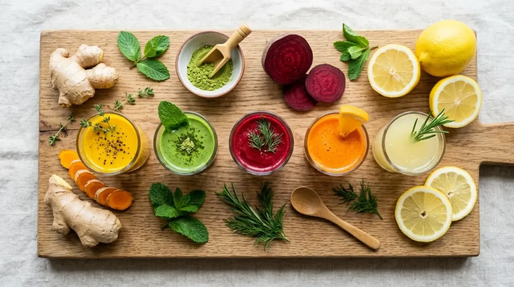 Colección de 10 shots saludables caseros organizados por objetivo — antiinflamatorios, inmunológicos y digestivos