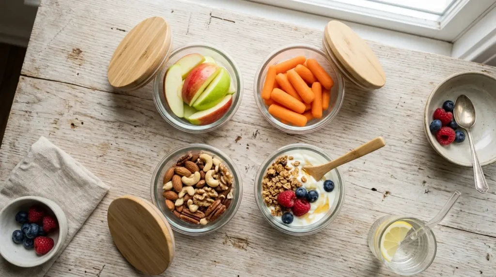 Snack saludable de la tarde para familias con niños — frutas, nueces y hummus preparados