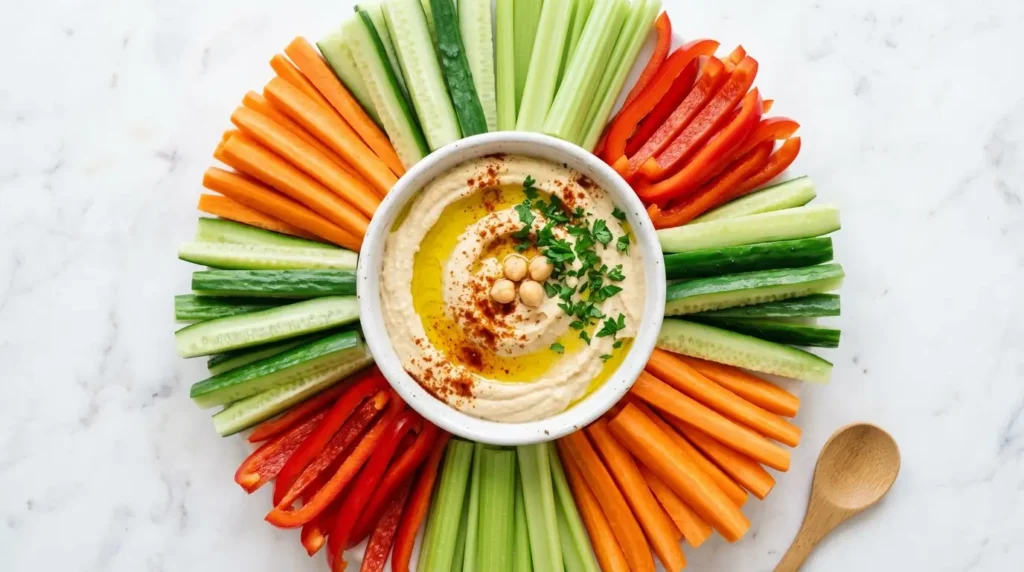 Snacks saludables para niños y familias — palitos de verdura con hummus casero