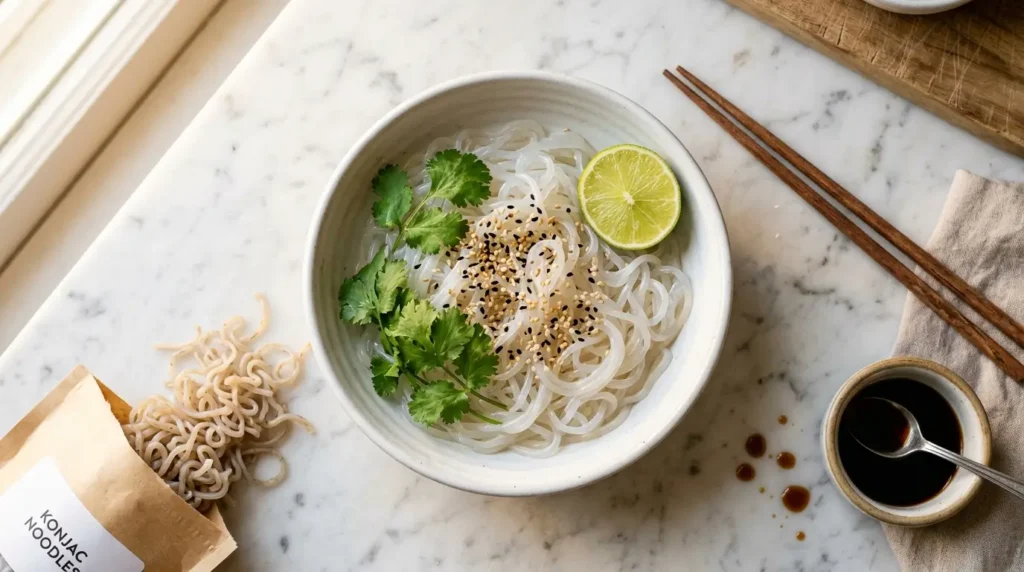 Bowl de fideos de konjac shirataki cocidos con cilantro fresco, semillas de ajonjolí y limón, listos para servir como sustituto de pasta para adelgazar