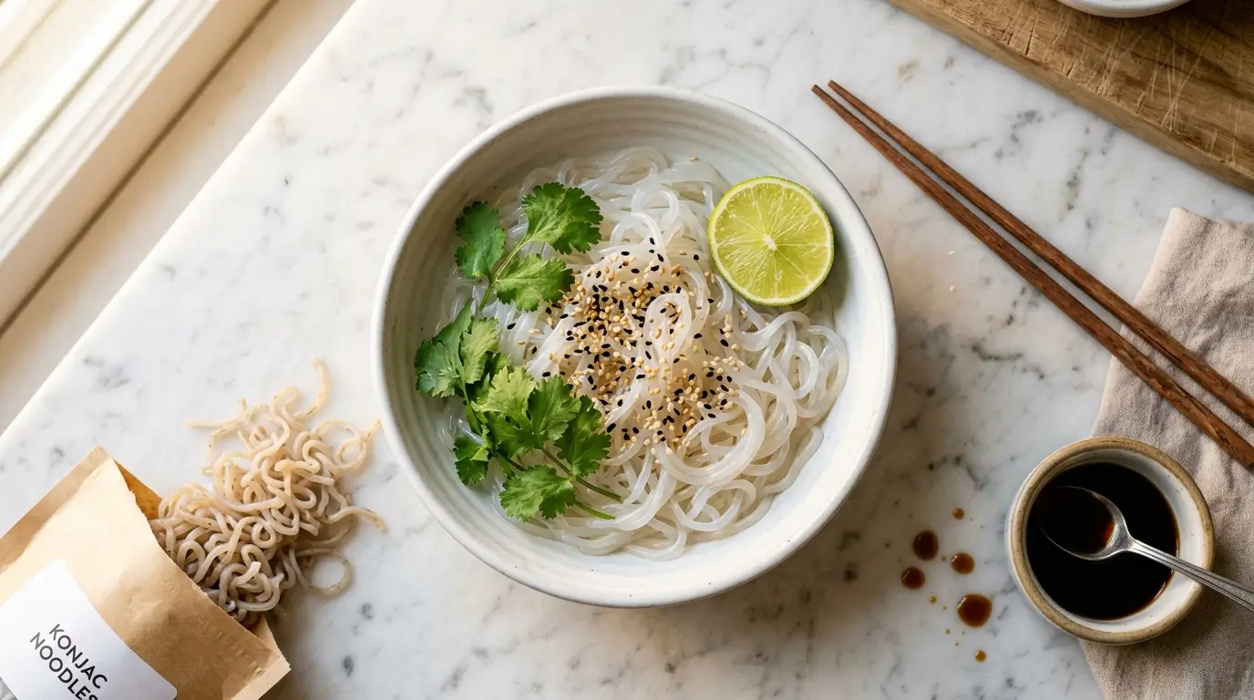 Bowl de fideos de konjac shirataki cocidos con cilantro fresco, semillas de ajonjolí y limón, listos para servir como sustituto de pasta para adelgazar