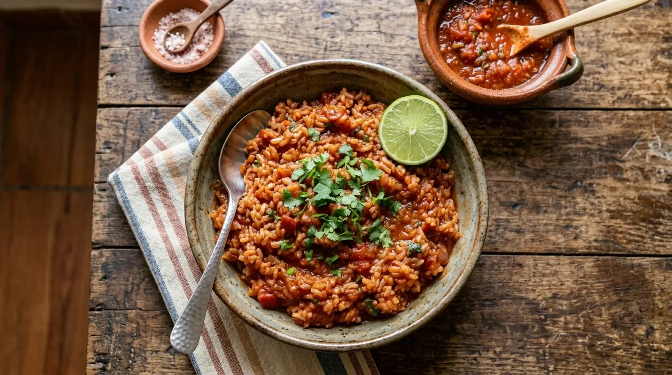 Bowl de arroz de konjac estilo mexicano con salsa de jitomate, cilantro fresco y limón, versión baja en calorías del arroz rojo tradicional