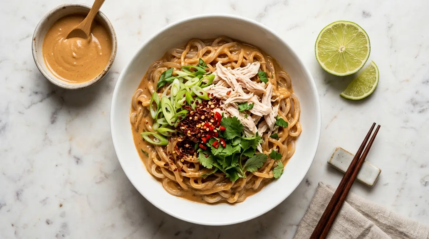Bowl de fideos de konjac con salsa cremosa de crema de cacahuate, pollo desmenuzado, cebolla de cambray y cilantro fresco al estilo asiático