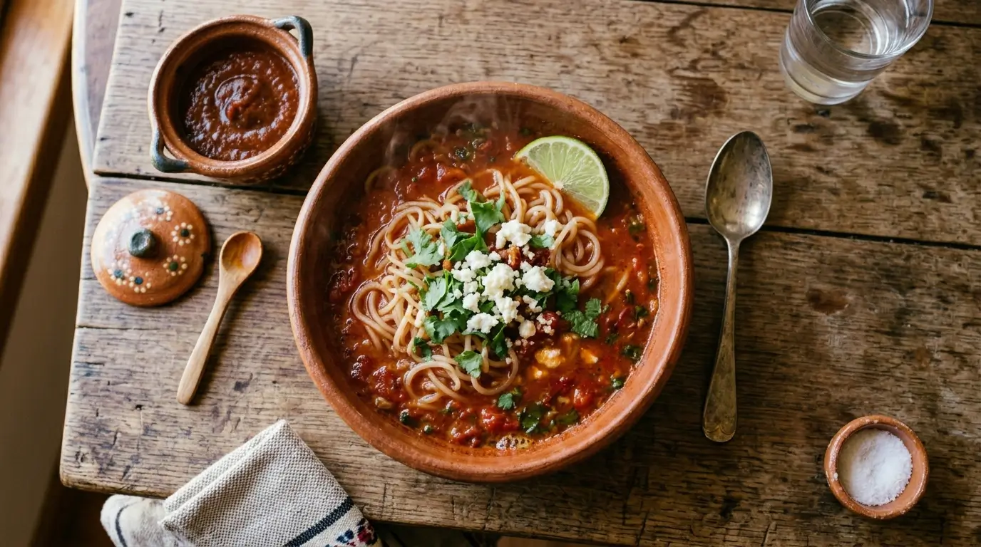 Bowl de barro con fideos de konjac en caldillo de jitomate estilo mexicano, con cilantro fresco, limón y queso fresco desmoronado