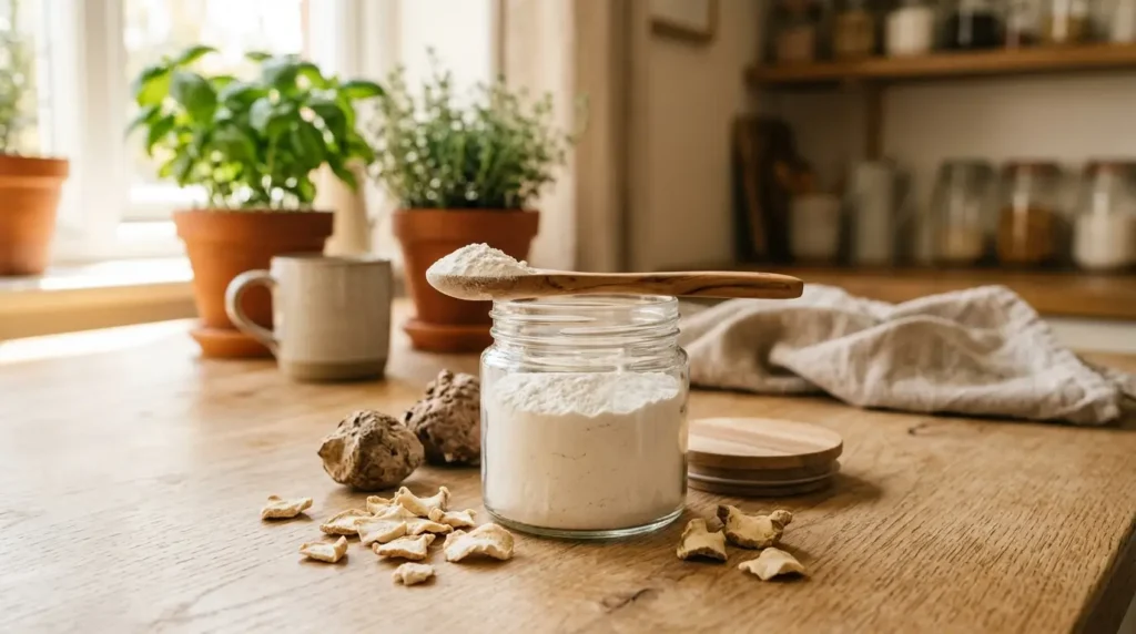 Glucomanano de konjac en polvo en frasco de vidrio con cuchara medidora de madera, el formato concentrado disponible en tiendas naturistas y Amazon México