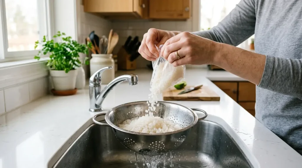 Manos abriendo una bolsa de arroz de konjac y escurriendo el líquido de conservación en un colador, primer paso para prepararlo correctamente en casa