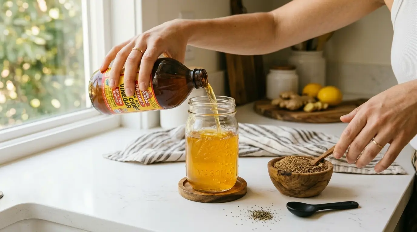 Preparación del Ozempic natural casero: manos vertiendo vinagre de manzana en un frasco con agua de cúrcuma, con linaza dorada y pimienta negra al lado