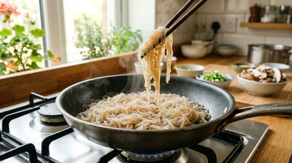 Fideos de konjac shirataki siendo secados en sartén seca sin aceite, técnica clave para eliminar el exceso de agua y mejorar la textura
