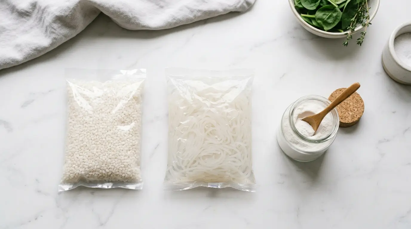 Los tres formatos de konjac disponibles en México: arroz de konjac, fideos shirataki y glucomanano en polvo, listos para comprar en Amazon, Costco o tiendas naturistas