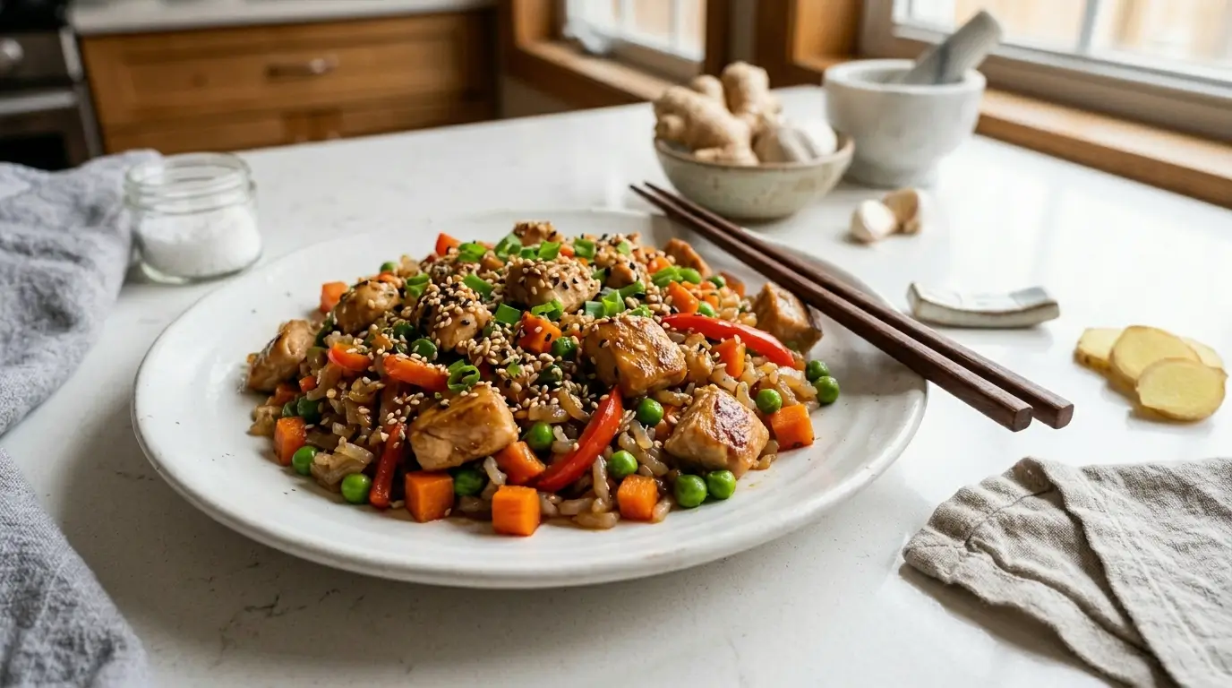Plato completo de arroz de konjac salteado con pollo en cubos, zanahoria, chícharos y pimiento rojo con salsa de soya, menos de 300 calorías