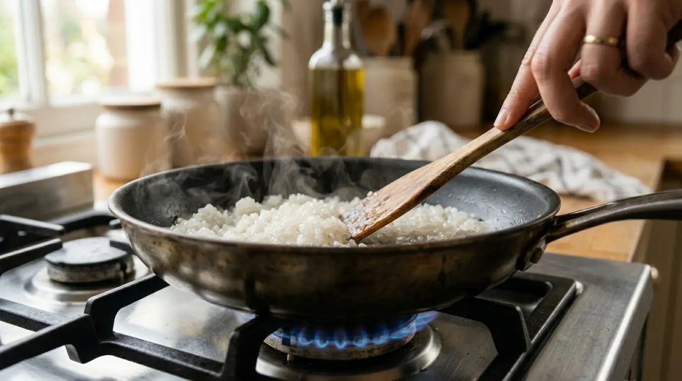 Arroz de konjac siendo secado en sartén seca sin aceite, paso clave para conseguir la textura perfecta