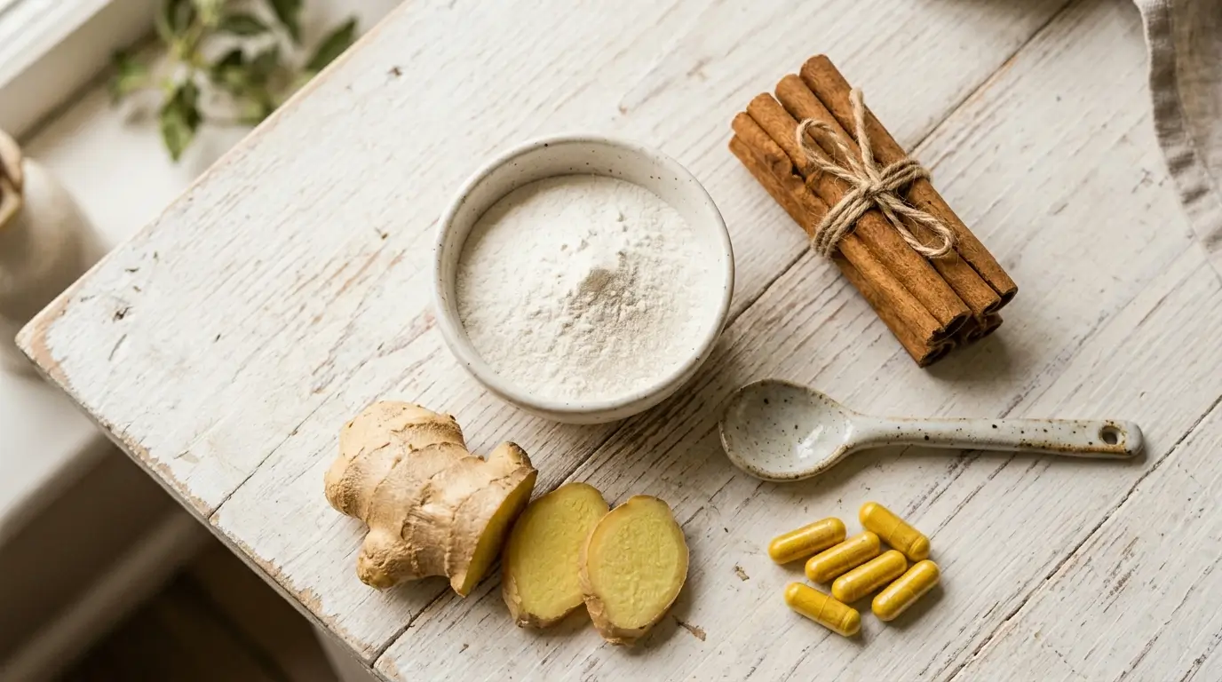Ingredientes del Mounjaro natural casero: glucomanano de konjac, canela de Ceylán, jengibre fresco y berberina sobre mesa de madera