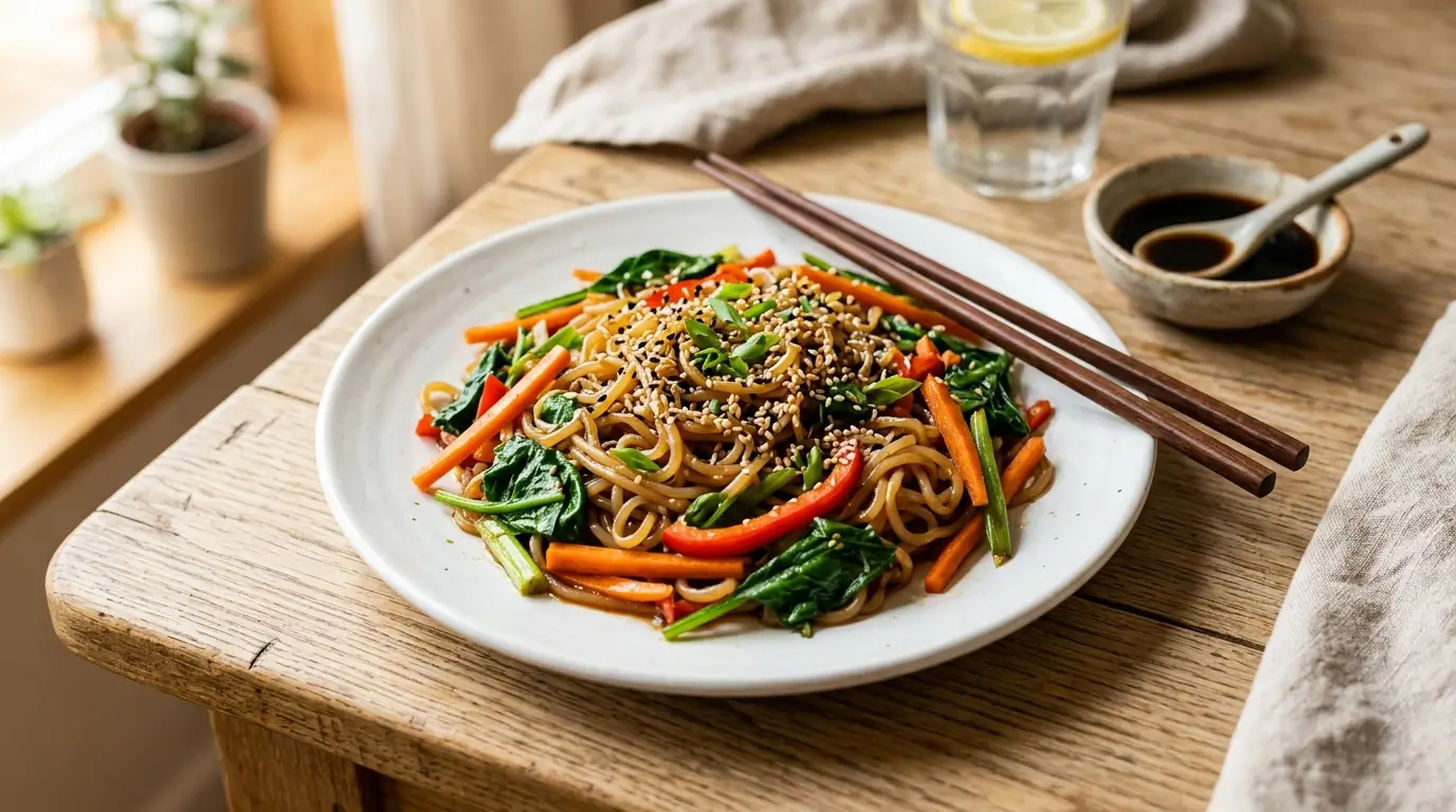 Fideos de konjac salteados con espinacas, zanahoria y pimiento rojo en salsa de soya y aceite de ajonjolí, decorados con semillas de ajonjolí