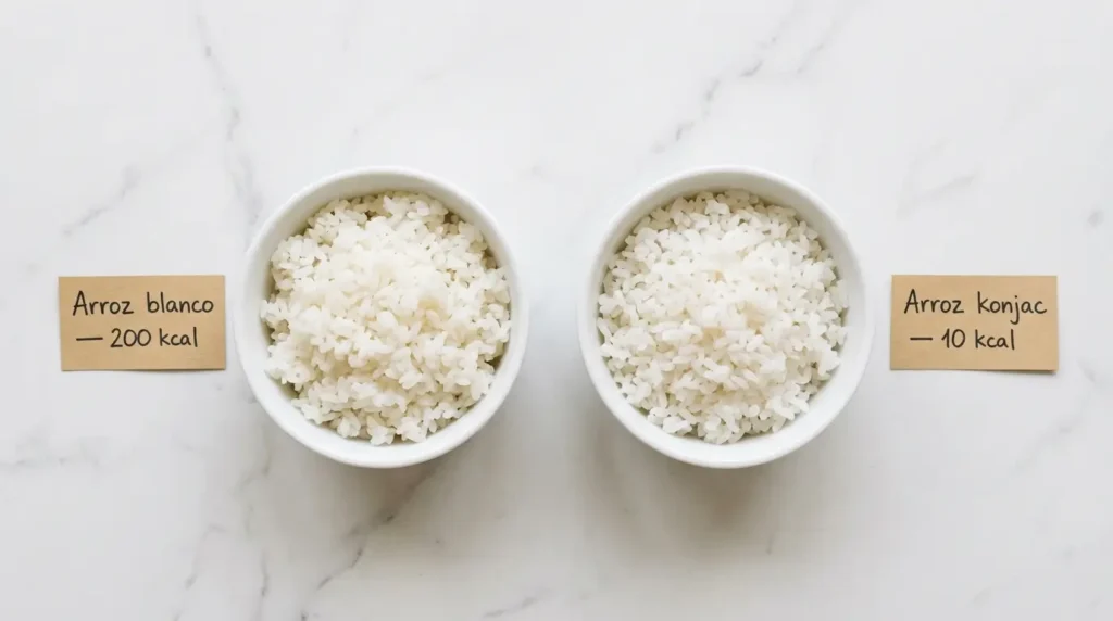 Comparación visual entre arroz blanco normal con 200 calorías y arroz de konjac con 10 calorías, misma cantidad en el plato