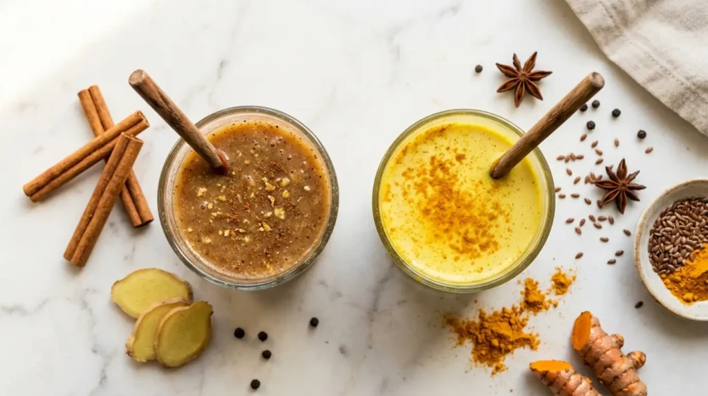 Las dos bebidas naturales terminadas: Mounjaro natural especiado (izquierda) y Ozempic natural dorado con cúrcuma (derecha), listos para tomar en ayunas