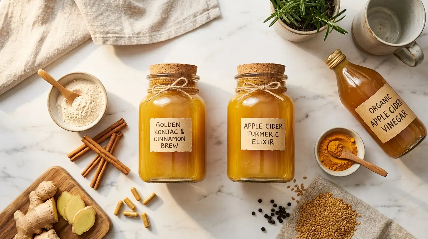 Dos recetas caseras naturales en vasos de vidrio: Mounjaro natural con konjac y canela de Ceylán (izquierda) y Ozempic natural con vinagre de manzana y cúrcuma (derecha)