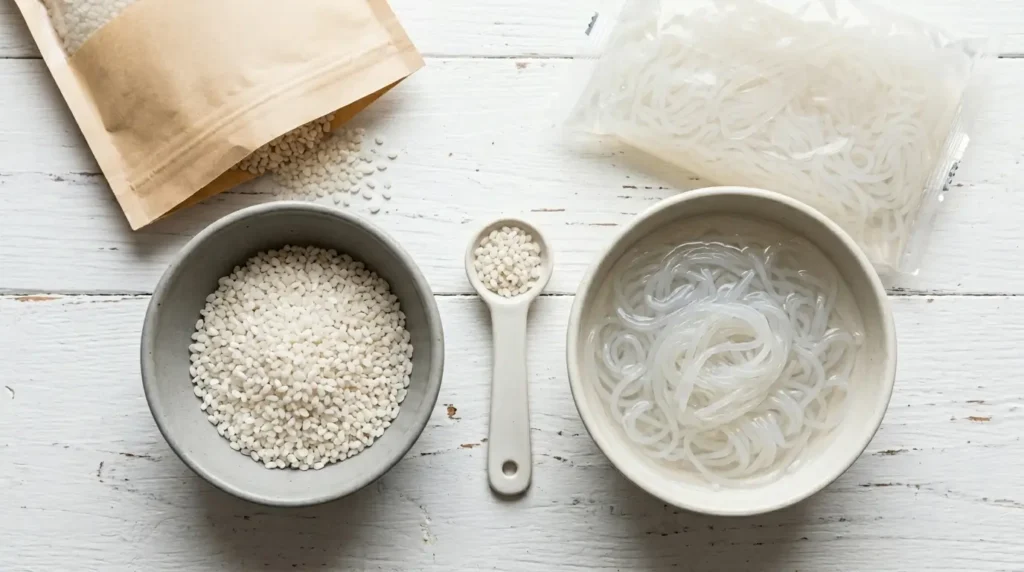 Comparación entre arroz de konjac seco en bowl blanco y fideos shirataki transparentes en agua, los dos formatos más vendidos de konjac en México