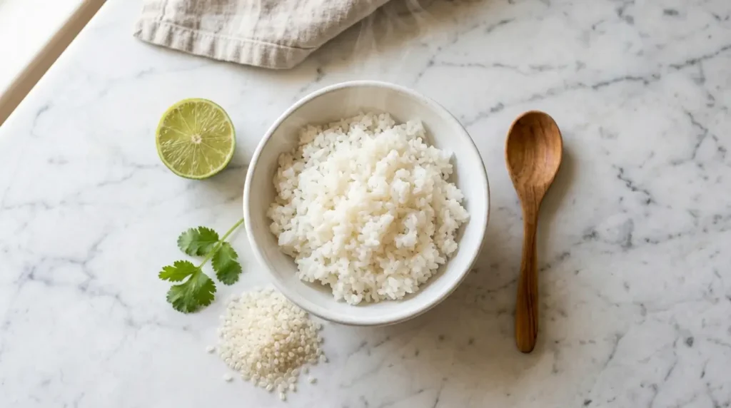 Arroz de konjac cocido en bowl blanco con cilantro fresco y limón, listo para servir como sustituto del arroz blanco para adelgazar