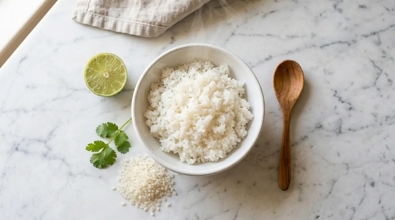 Arroz de konjac cocido en bowl blanco con cilantro fresco y limón, listo para servir como sustituto del arroz blanco para adelgazar