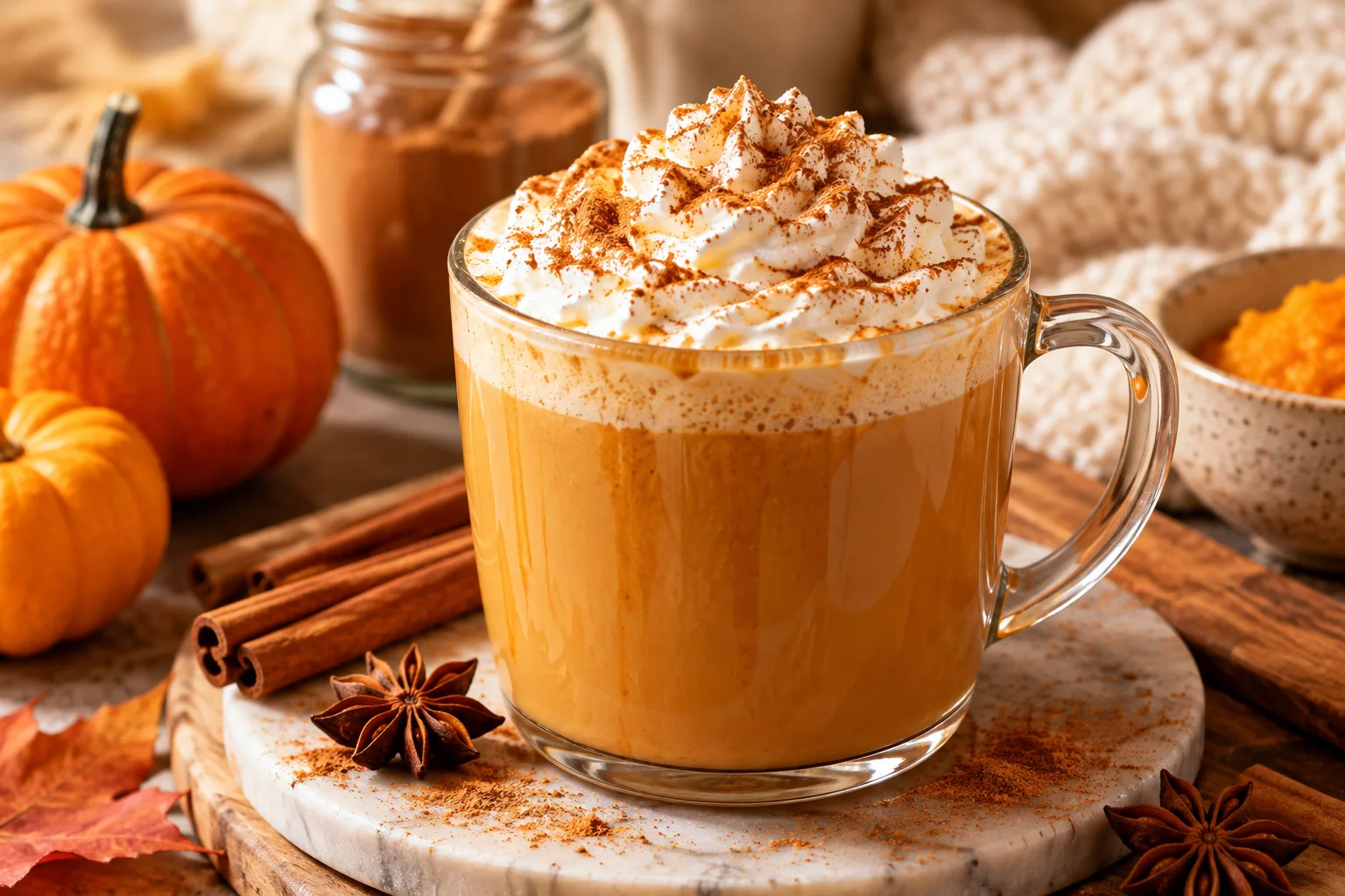 Chai latte de calabaza cremoso con canela y especias de otoño