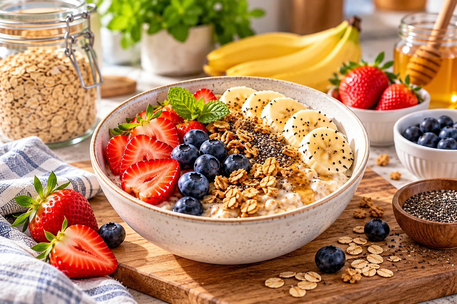 Bol de avena con frutas frescas, plátano, fresas y arándanos