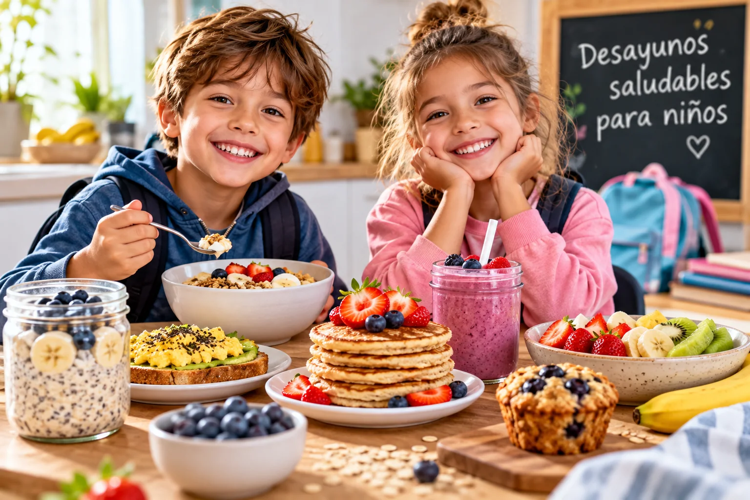 Desayunos saludables para niños con avena, fruta, tortitas y tostadas en una cocina luminosa