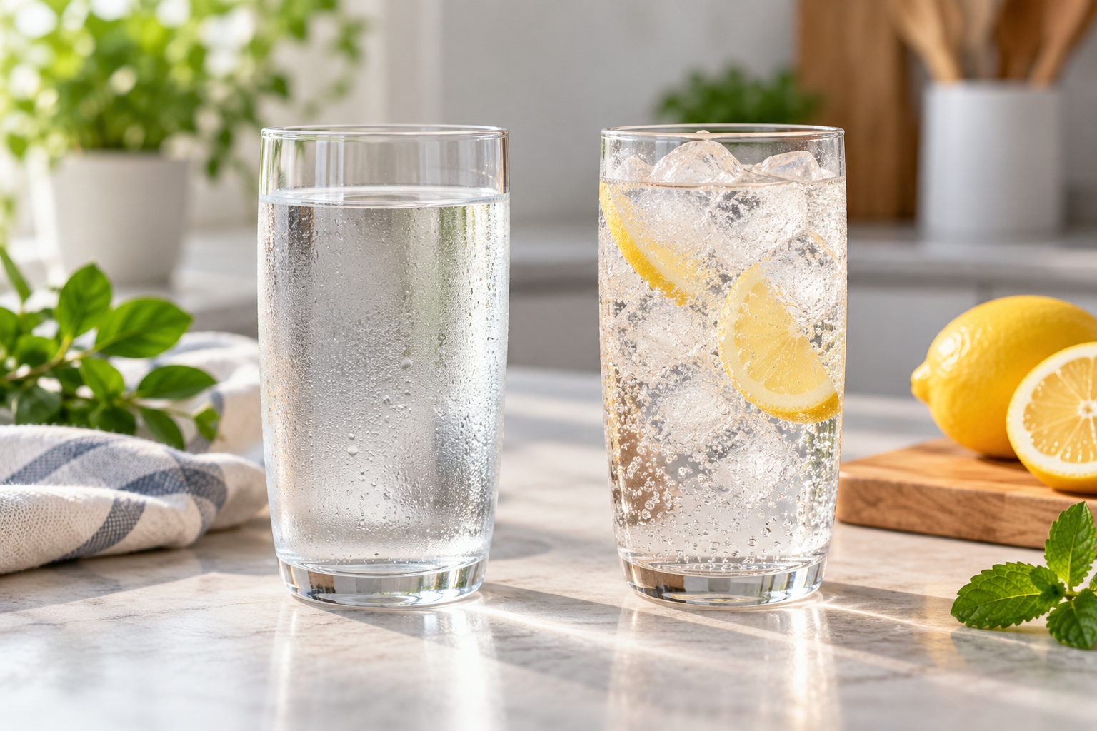 Dos vasos sobre una encimera de cocina: agua y una bebida con gas y limón.