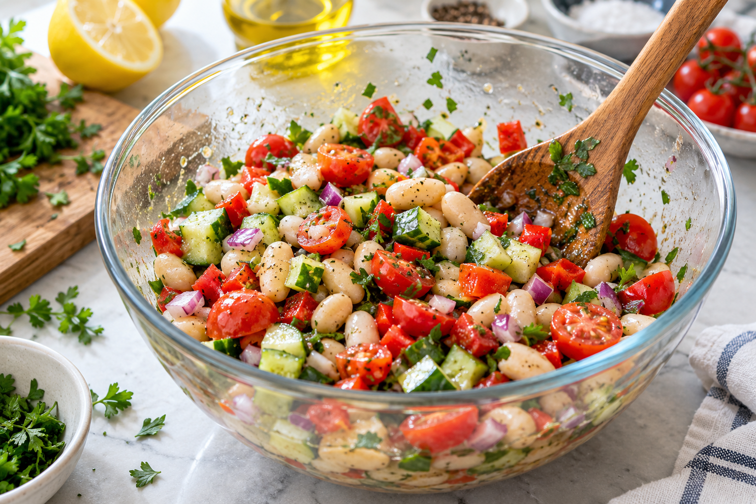 Ensalada de alubias blancas mediterránea con tomate, pepino, pimiento rojo, cebolla morada y perejil