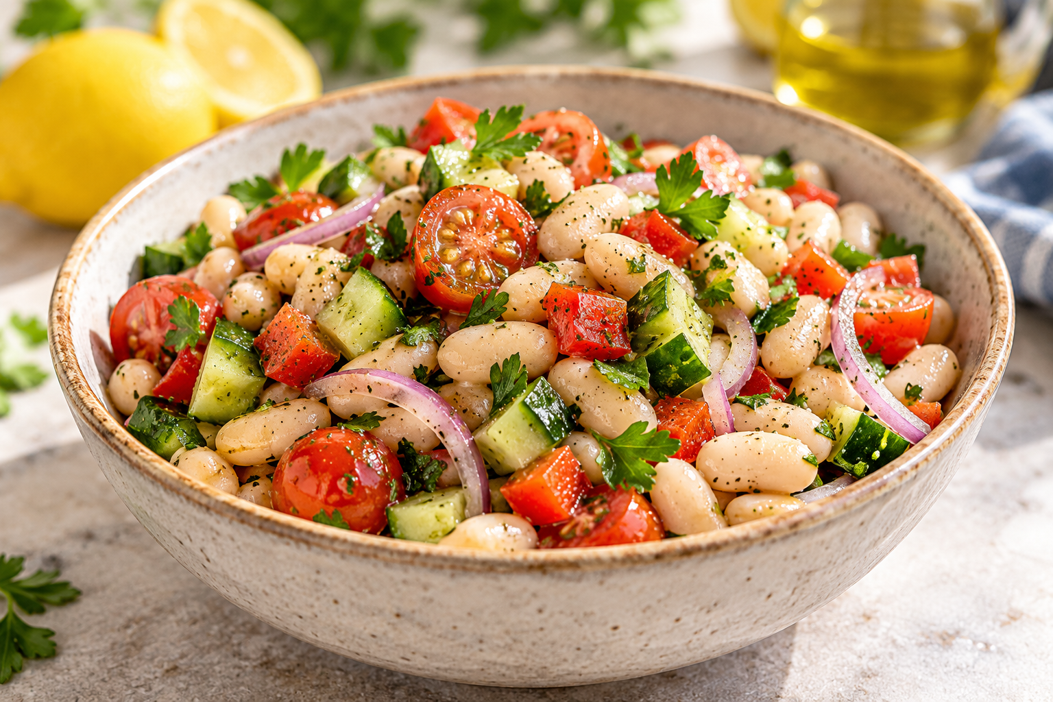 Ensalada de alubias blancas en recipientes de vidrio para meal prep con aliño separado