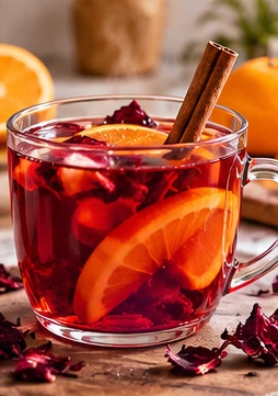 Infusión de hibisco naranja y canela lista para servir
