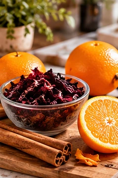 Ingredientes de infusión de hibisco naranja y canela