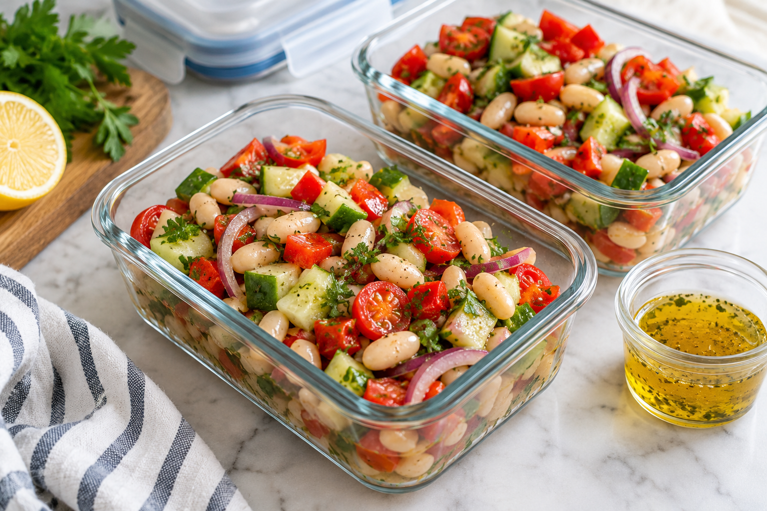 Ingredientes para ensalada de alubias blancas: alubias, tomate, pepino, pimiento, cebolla, perejil, limón y aceite de oliva