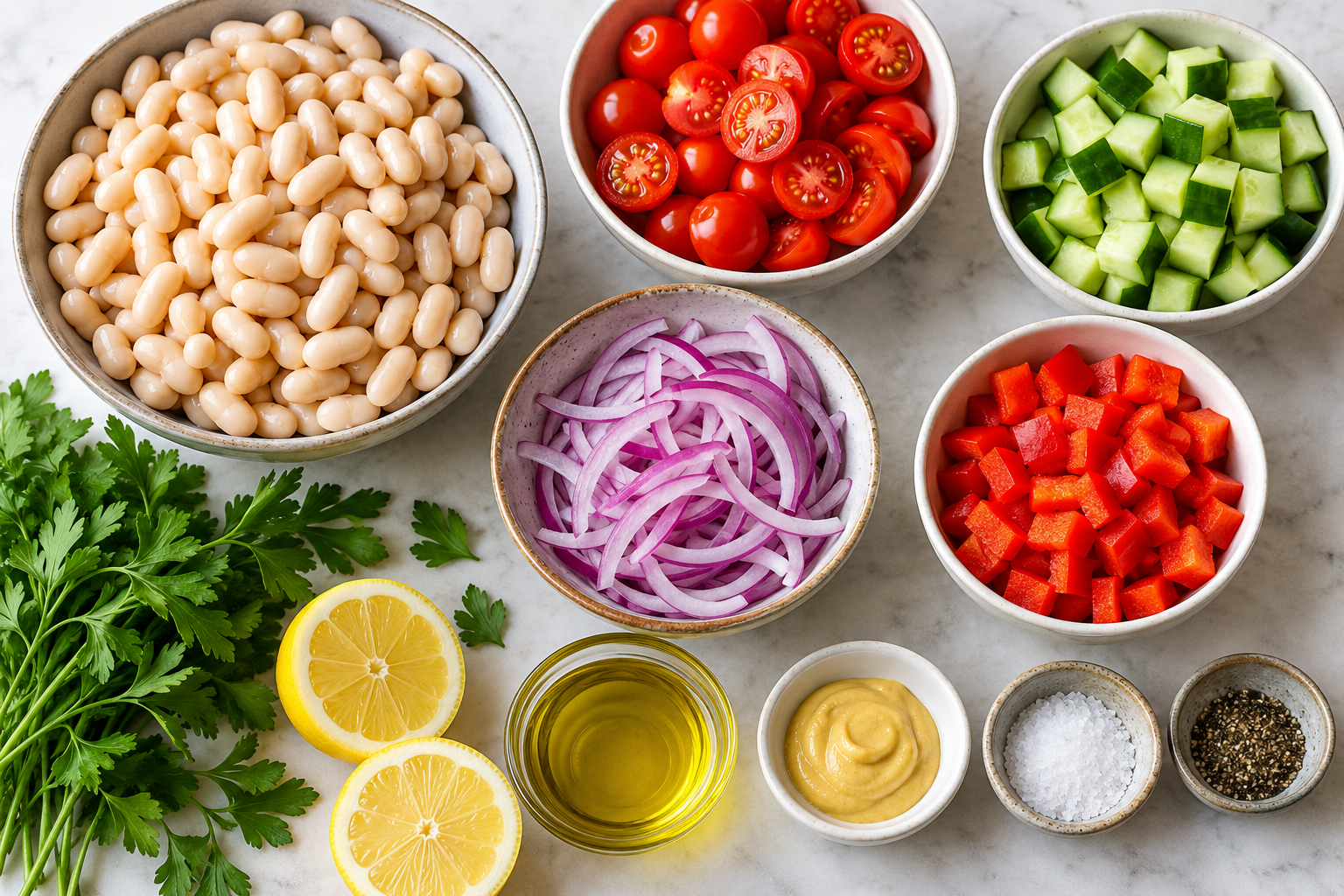 Preparación de ensalada de alubias blancas en un bol con verduras frescas y aliño de limón y aceite de oliva