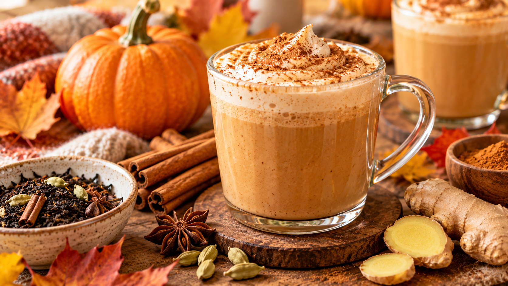 Pumpkin spice chai latte casero con canela, jengibre y especias