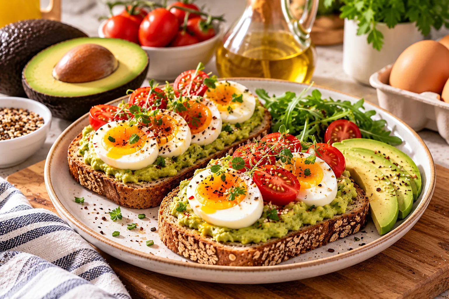 Tostadas integrales con aguacate, huevo y tomate