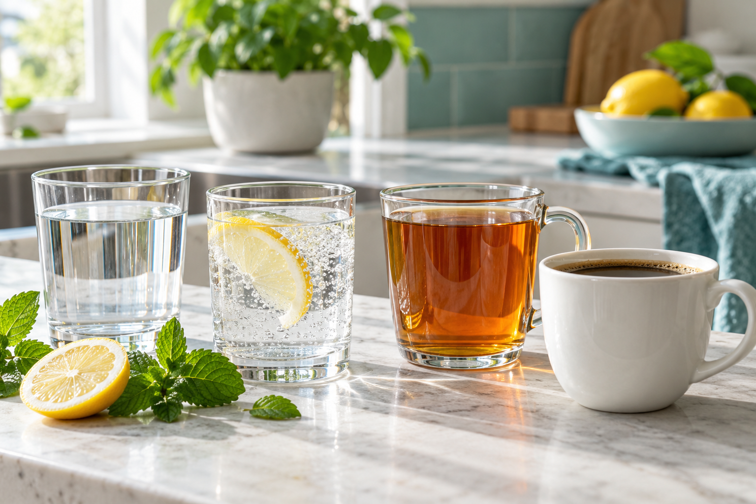 Agua, agua con gas y limón, té sin azúcar y café solo sobre una encimera de cocina luminosa.